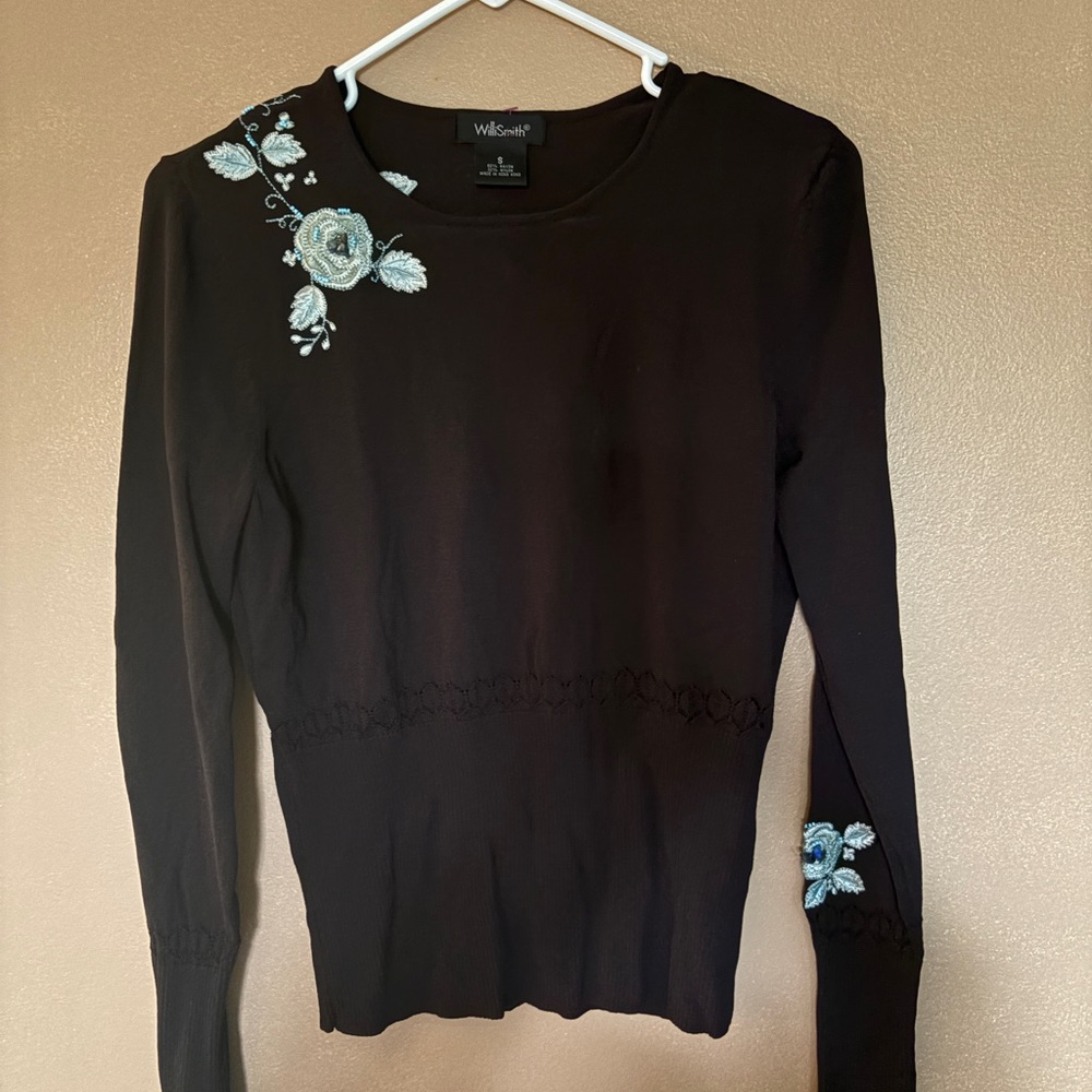 Will Smith Womens Floral Embroidered Round-Neck Blouse Long Sleeve Size S Black